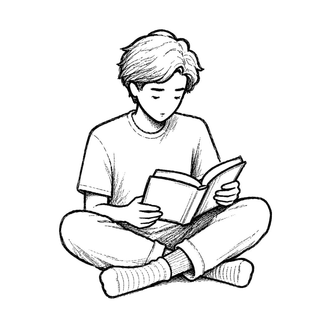 A drawing of a person reading a book.